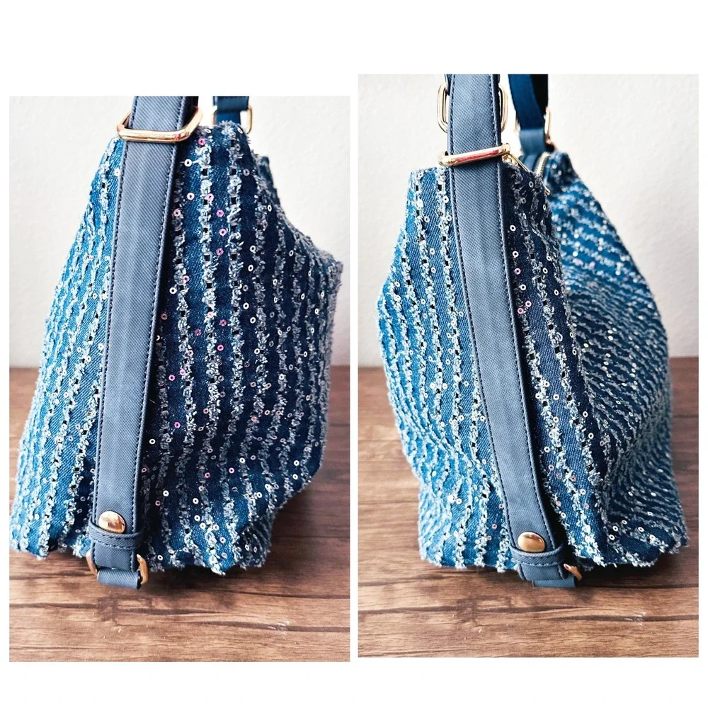 Mellow World Sequin Striped Blue Denim Double Zip Pocket Hobo Shoulder Bag